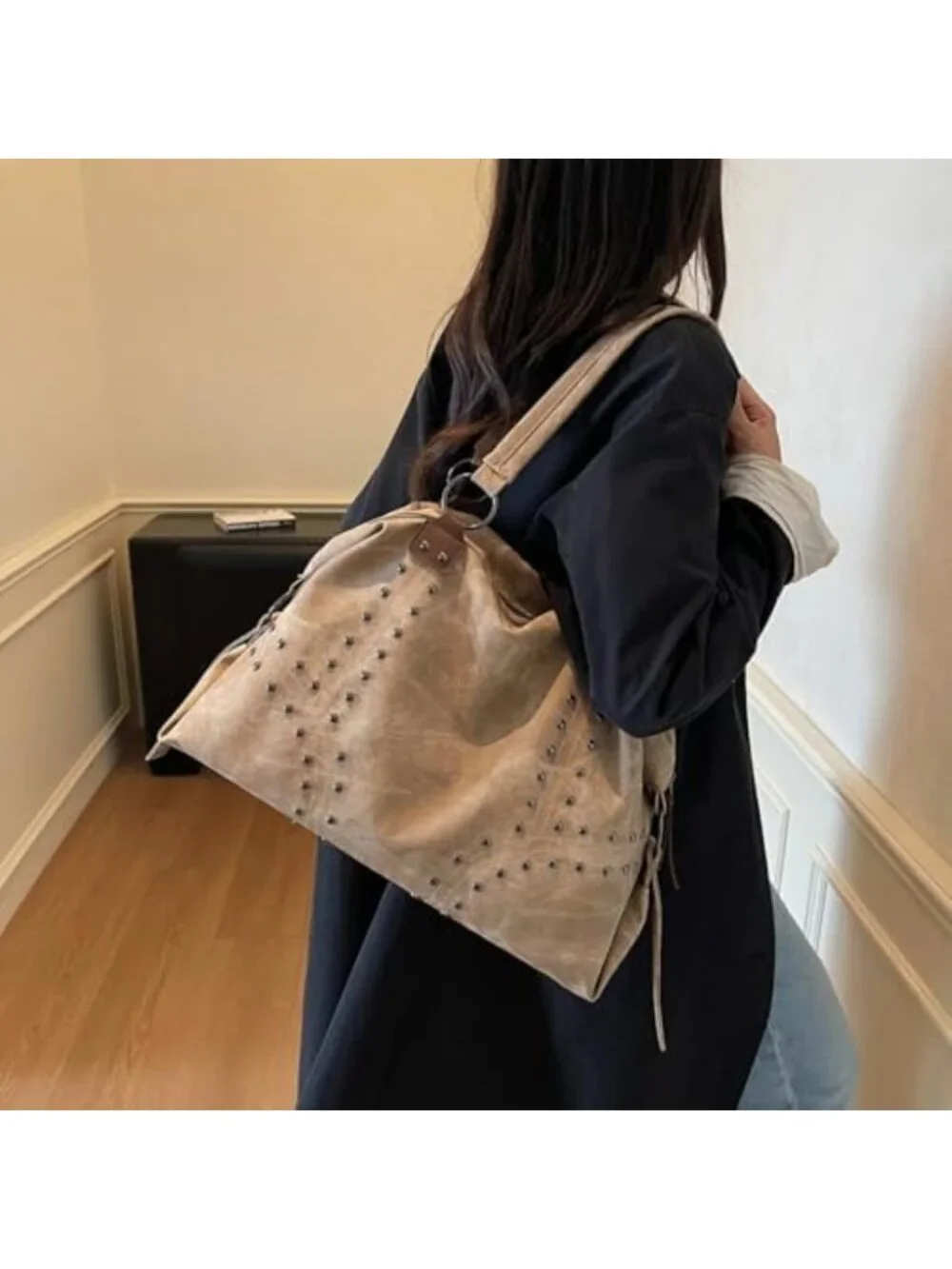 Trendy Faux Leather Studded Tote Handbag - Y2K Punk Hobo Shoulder Bag for Women